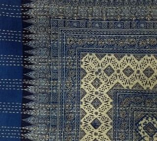 Indian Indigo Hand Block Ajrakh Bed Cover Handmade Full Queen Blue Kantha Quilt 5