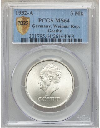Rare 1932 A Germany Weimar Rep Silver 3 Marks Goethe - Pcgs Ms 64