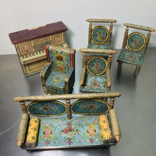 Vintage Dollhouse Wood Furniture Compressed Paper? Set Chairs Piano Couch 2