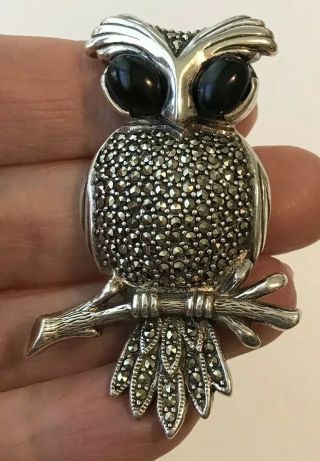 Vintage Large Sterling Silver Black Onyx & Marcasite Owl Brooch Pin Signed Tp