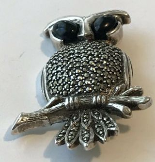 Vintage Large Sterling Silver Black Onyx & Marcasite OWL Brooch Pin Signed TP 6