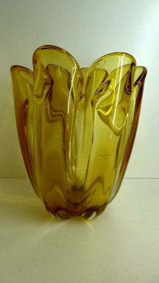 Murano Art Glass Bowl Vase Amber Retro Mid Century Vintage