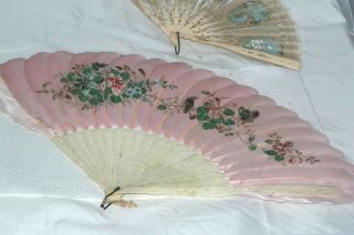 Antique Victorian Painted Feather Bovine Bone Fan Floral Bird Butterfly