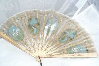 Antique Victorian Painted Feather Bovine Bone Fan Floral Bird Butterfly 2