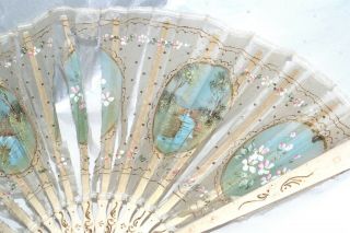 Antique Victorian Painted Feather Bovine Bone Fan Floral Bird Butterfly 3