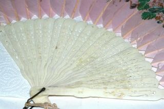 Antique Victorian Painted Feather Bovine Bone Fan Floral Bird Butterfly 6