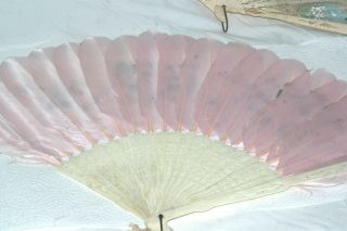 Antique Victorian Painted Feather Bovine Bone Fan Floral Bird Butterfly 7