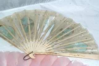 Antique Victorian Painted Feather Bovine Bone Fan Floral Bird Butterfly 8