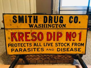 Vintage Kreso Dip Livestock Tin Sign Not Porcelain