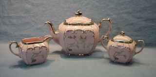 Vintage Pink Sadler Cube 4 Cup Teapot,  Cream & Sugar Set - Birds