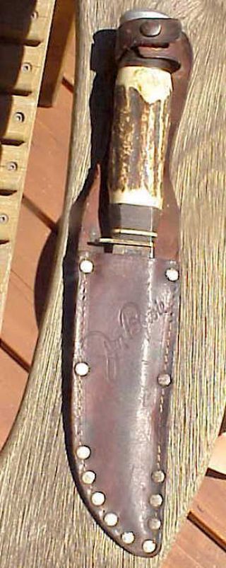 Vintage Carl Schlieper - Jim Bowie Hand Made Knife - Stag Handle & Leather Sheath