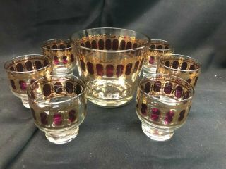 Vintage Mid Century Culver Cranberry Gold Scroll Ice Bucket W/6 Footed Glasses