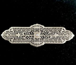 Antique Deco 10k White Gold Fancy Filigree Bar Pin Brooch 2 1/8 " Long 3gr,