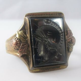 Intaglio Carved Stone Warrior Ring Vintage Sterling Silver 10k Gold 7g Size 9.  5