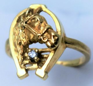 Antique Vtg Gothic 14k Gold Diamond 3 - D Horse Horseshoe Ring 2.  7gram Not Scrap