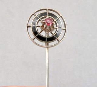 Vintage Art Deco 9k Gold 2.  4mm Garnet Black Enamel Stickpin Stick Pin Antique