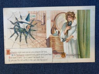 1910s Very Rare Elongated P Halloween Postcard - Spider Witch In A Web Scaring