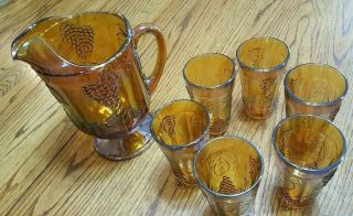 Vintage Marigold Carnival Glass Pitcher W/6 Glasses Colony Harvest Grape Pattern