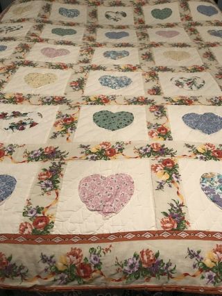 Vintage Hand Made Quilt Multi - Colored Hearts And Flowers Pattern Size 82 " X 64 "
