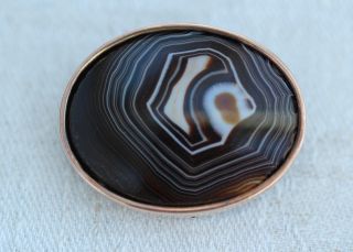 Antique Victorian Agate Oval Brooch Gold Metal Silver