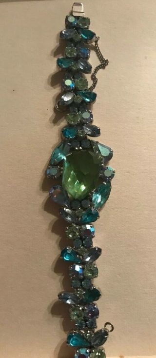 Vintage Signed Weiss Bracelet W/blue & Green Rhinestone Aurora Accent Bracelet