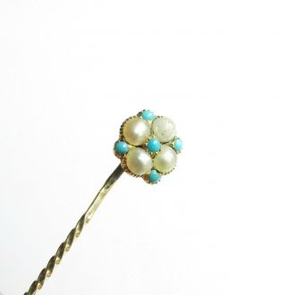 Victorian Antique Gold Stick Pin With Pearls And Turquoise Gemstones