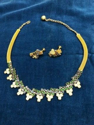 Hobe Necklace & Earrings Marked 1965 Rhinestones,  Blue & Green