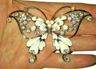 Huge Vintage Art Deco Nouveau Enamel Butterfly Crystal Rhinestones Pin Gift Xmas