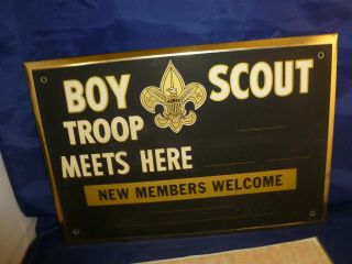 Vintage Boy Scout Troop Meets Here Sign 19 " X 13 " Gold Metal Frame