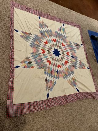 Vintage Eight Point Star Pattern Quilt Top Hand Made Approx 76” X 83” —king Sz