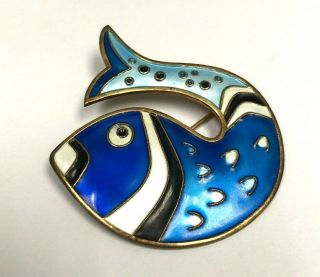 100 Auth.  David Anderson Sterling Norway Blue & White Enamel Fish Brooch
