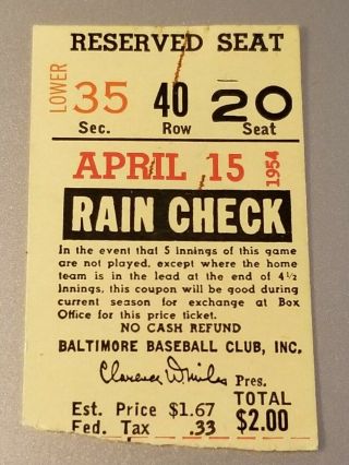 April 15,  1954 Baltimore Orioles First Home Game Ticket Stub Rare
