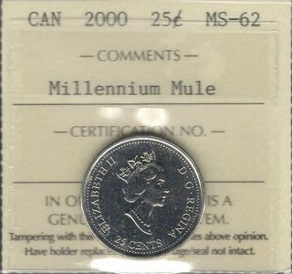 2000 Millennium Map Mule Twenty - Five Cents Iccs Ms - 62 Rare Canada Error Quarter