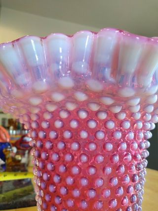 VINTAGE FENTON ART GLASS CRANBERRY OPALESCENT HOBNAIL FLARED VASE 7.  5 