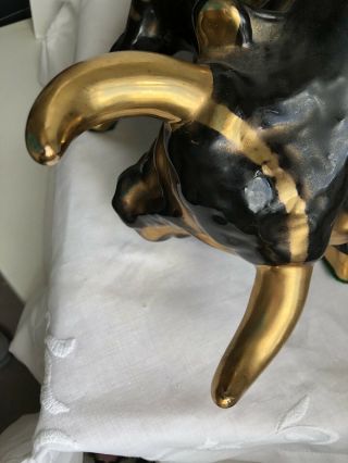 Vintage Retro 1950’s Large Black MetallicGold Ceramic Fighting Bull Figurine 22” 7