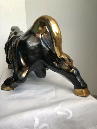 Vintage Retro 1950’s Large Black MetallicGold Ceramic Fighting Bull Figurine 22” 8