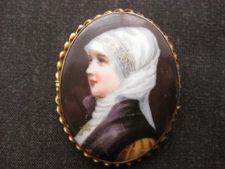 Antique Miniature Painting Of Young Woman On Porcelain In 10 K Brooch Setting