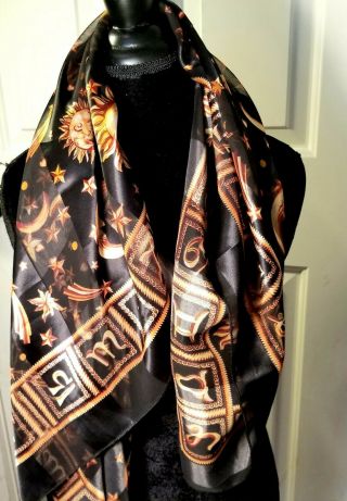 Vintage Gianni Versace 100 Silk Scarf Zodaic Sun Moon Stars Black Gold France