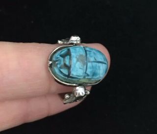 Vintage Jewellery Art Deco Egyptian Revival Silver Scarab Beetle Swivel Ring 2