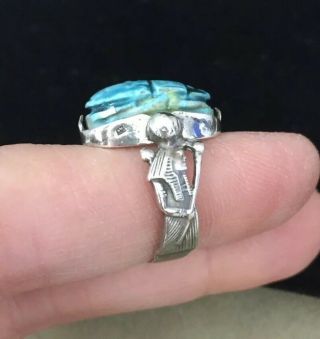 Vintage Jewellery Art Deco Egyptian Revival Silver Scarab Beetle Swivel Ring 4