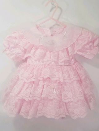 Vintage Baby Girl Toddler Party Dress Pink Frilly Ruffles & Lace Pageant Dress