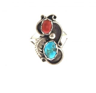 Southwestern Sterling Silver Turquoise And Coral Ring Size 9 Signed Pm