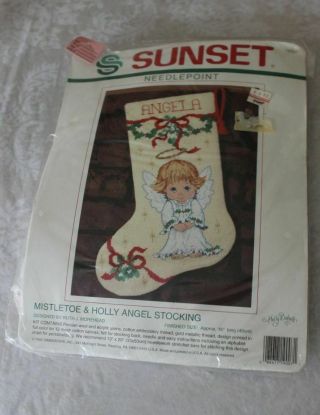 Vintage 1992 Sunset Mistletoe,  Holly Angel Stocking Needlepoint Kit