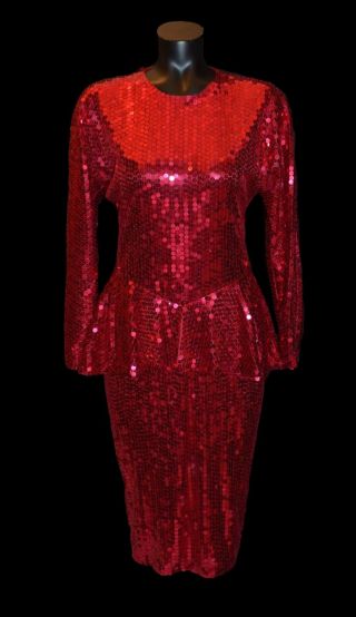 I.  Magnin Vintage 80s Red Sequins Peplum Prom Party Dress Size 10