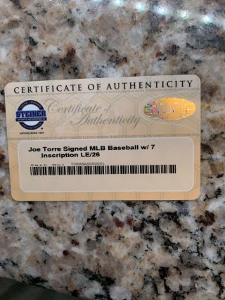 JOE TORRE SIGNED MLB BASEBALL Ltd To 26 STEINER Rare Yankees 7 Inscriptions 6