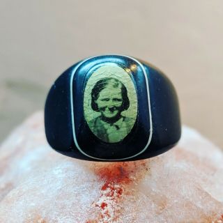 Antique 1920s 1930s Prison Art Mourning Photo Celluloid / Bakelite Ring Woman