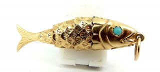 Vintage 9ct Gold Flexible Fish Charm Pendant Fob Turquoise Eyes Uno A Erre Italy