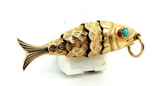 Vintage 9ct Gold Flexible FISH Charm PENDANT Fob TURQUOISE EYES Uno A Erre ITALY 3