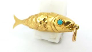 Vintage 9ct Gold Flexible FISH Charm PENDANT Fob TURQUOISE EYES Uno A Erre ITALY 4