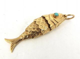 Vintage 9ct Gold Flexible FISH Charm PENDANT Fob TURQUOISE EYES Uno A Erre ITALY 6